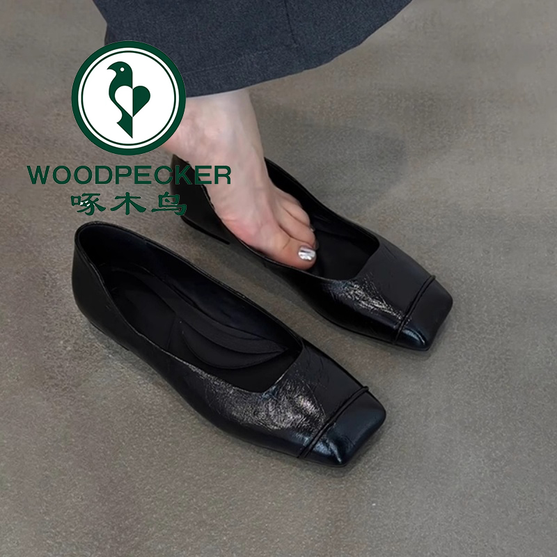 啄木鸟黑色复古显瘦软皮舒适通勤平底鞋2025极简方头一脚蹬小单鞋