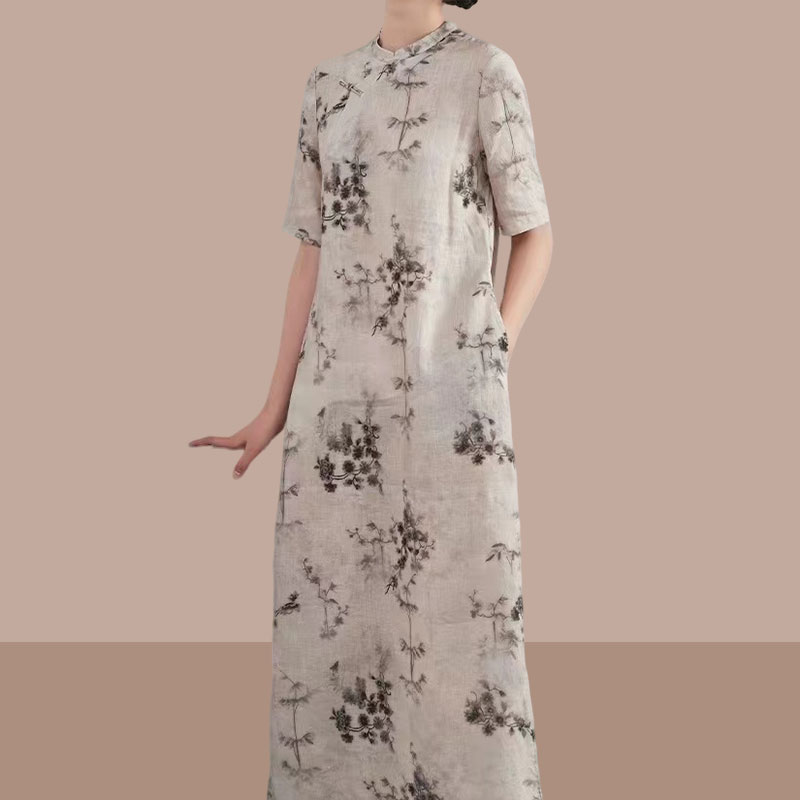 2025夏季时尚新款小立领琵琶襟型半开优雅长裙亚麻印花改良旗袍裙
