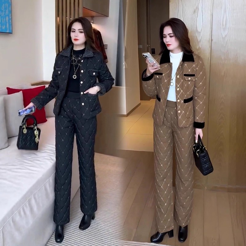 加绒加厚小香风时尚套装女秋冬季新款洋气显瘦短外套阔腿裤两件套