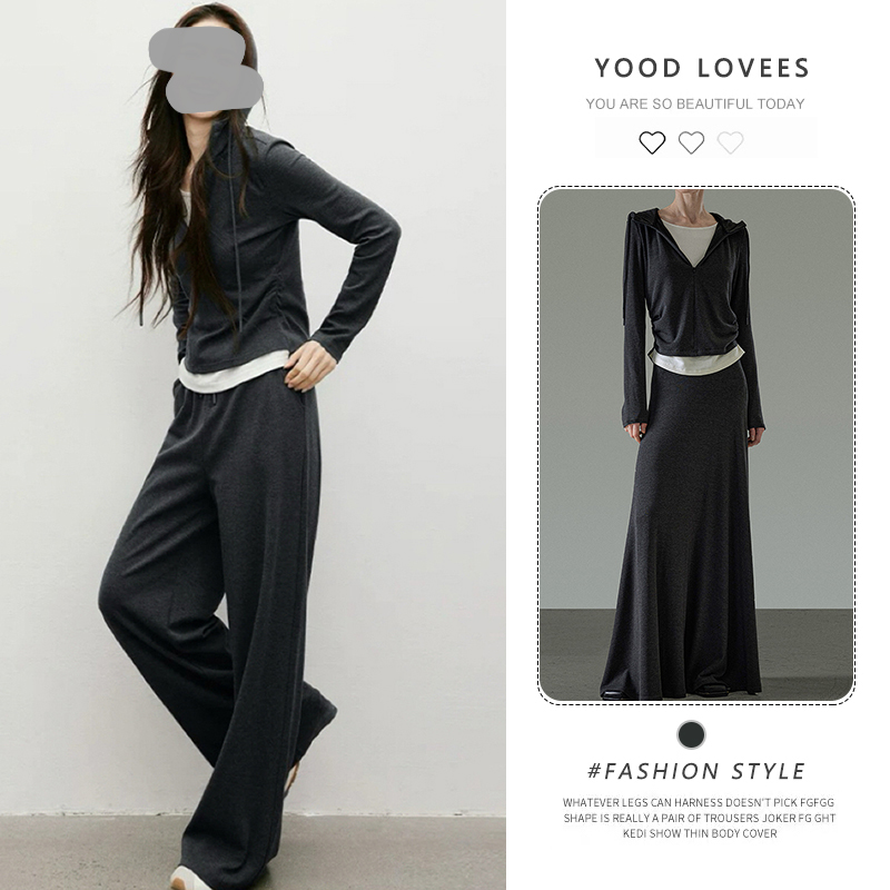 2026春秋新款气质假两件显瘦修身撞色连帽上衣直筒裤半身裙套装女