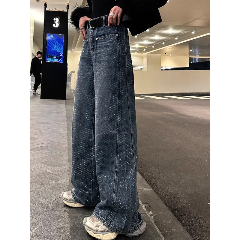 大码重工烫钻满天星阔腿牛仔裤女2025秋季高腰立体剪裁拖地直筒裤