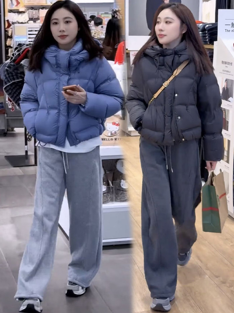 白鸭绒泡芙羽绒服女2025冬季新款连帽保暖小个子短款面包服短外套