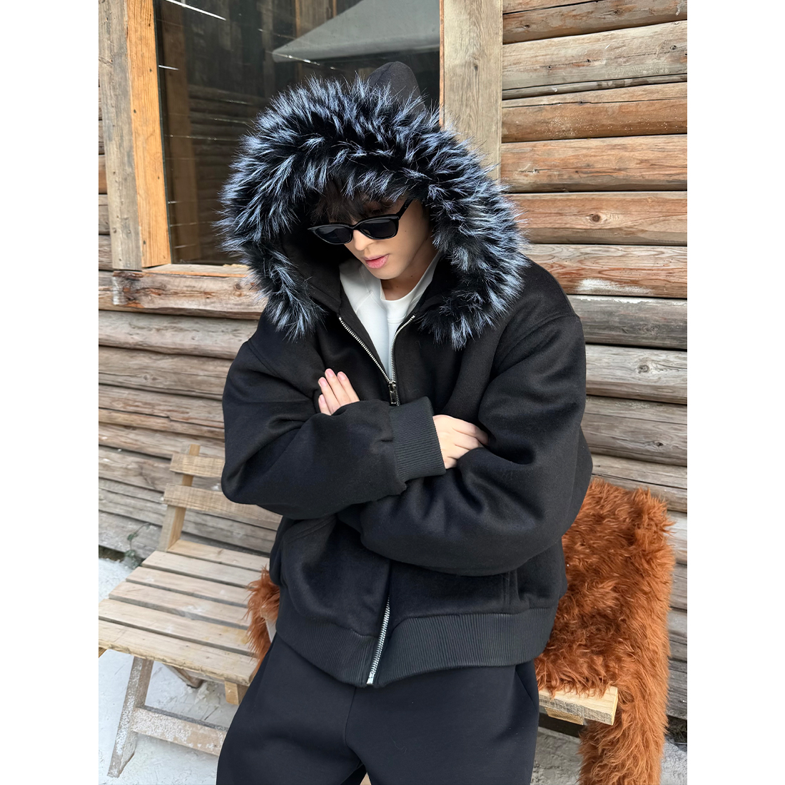 MIDASHAND 25aw900g双面50羊毛座山雕人造貂毛毛领加厚棉服夹克男