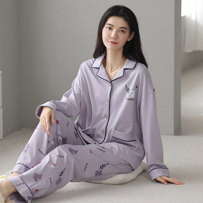 芬腾可安纯棉女士睡衣春秋夏季长袖宽松新款翻领可外穿套装家居服