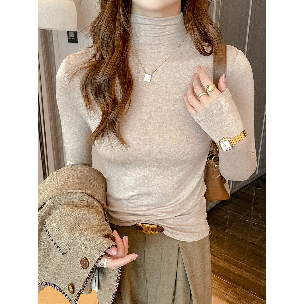 莫代尔棉修身半高领中领长袖打底衫女内搭春秋冬紧身纯色上衣t恤