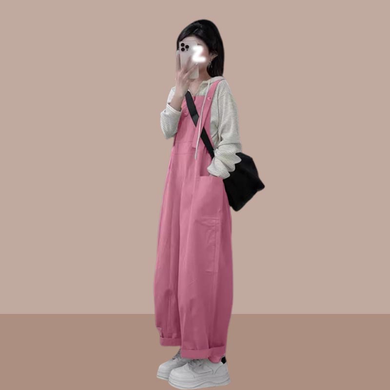 2025年春秋新款女两件套小众气质甜美韩系条纹上衣背带裤时髦穿搭