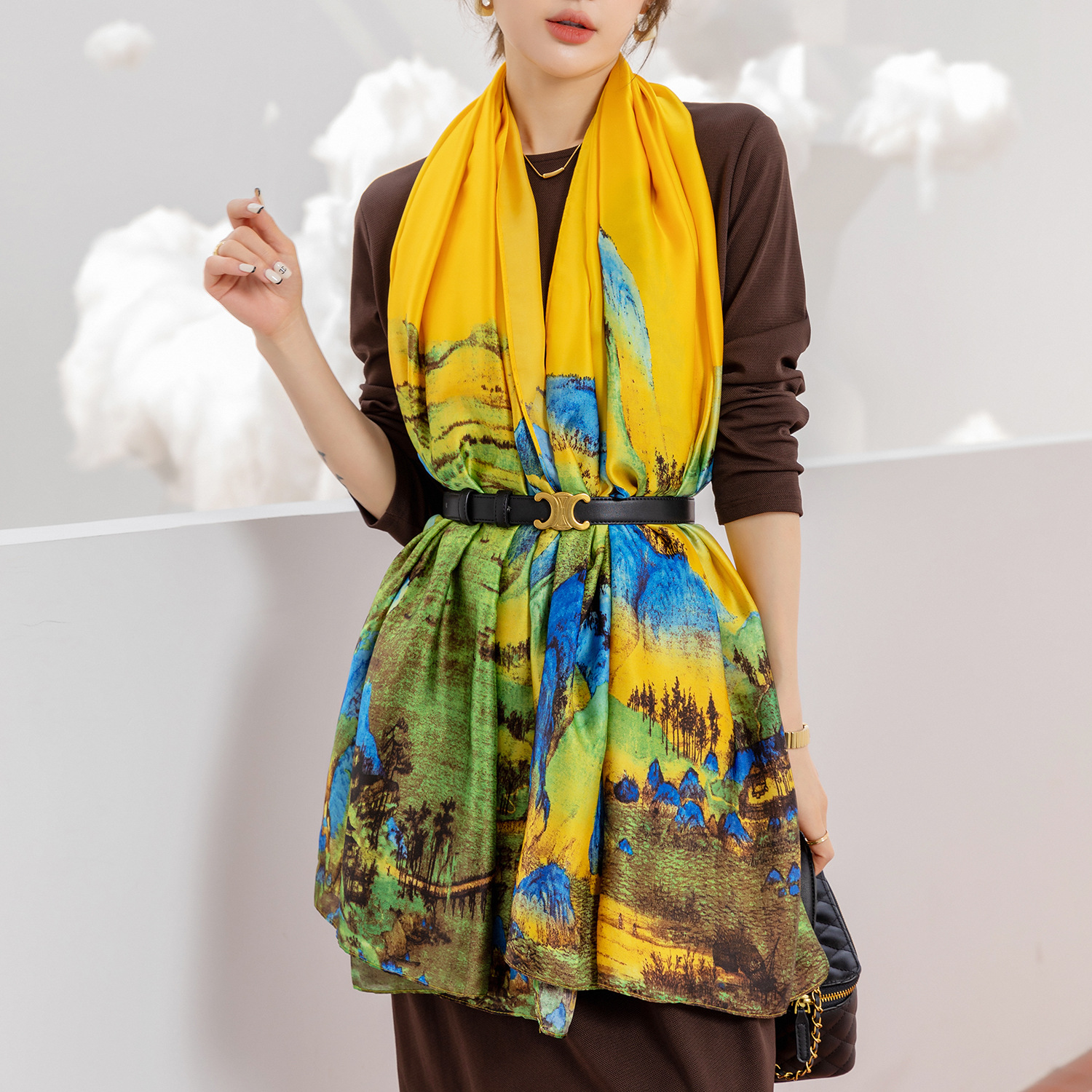 春秋新款丽锦锻围巾千里江山图印花缎面防晒丝巾水墨中国风女百搭