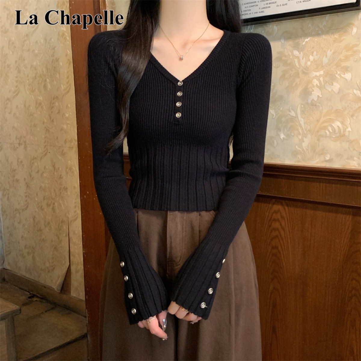 拉夏贝尔法式收腰显瘦设计感毛衣打底衫女装秋冬时尚百搭针织上衣