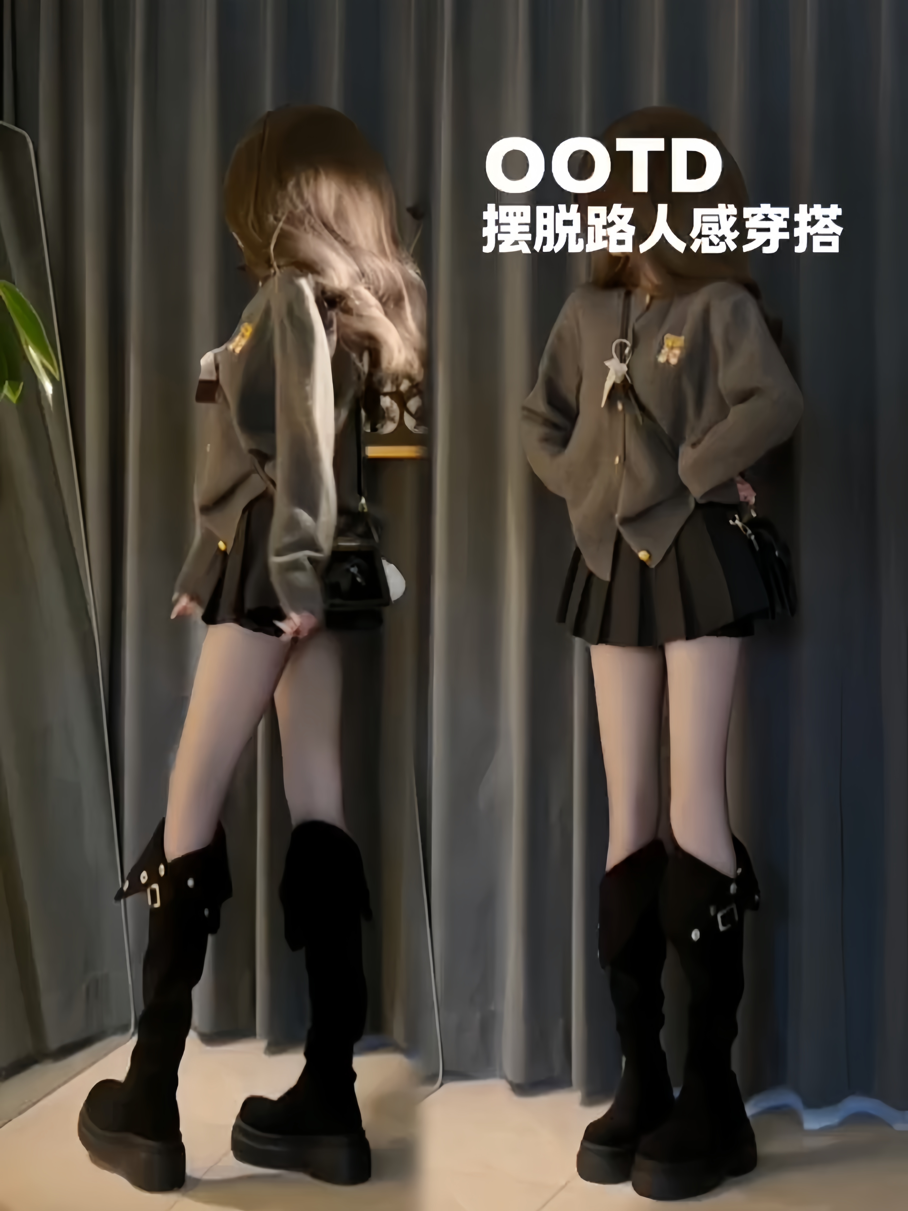 韩系慵懒学院风短款灰色刺绣针织开衫女秋季新款毛呢百褶裙两件套