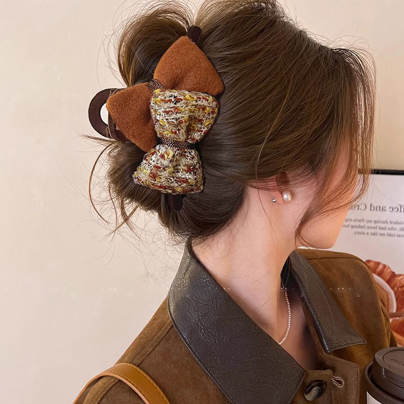 小香风ab双面蝴蝶结毛绒抓夹女后脑勺高级感盘发夹鲨鱼夹头饰发卡