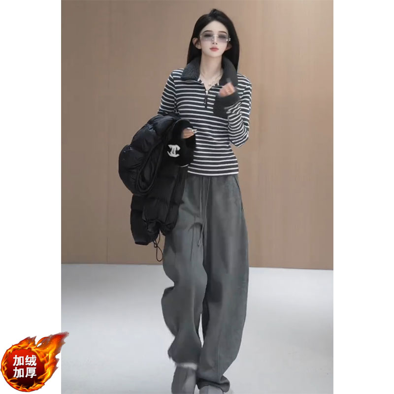 2025秋冬时尚毛领条纹长袖T恤上衣高腰加绒窄版阔腿裤子两件套装