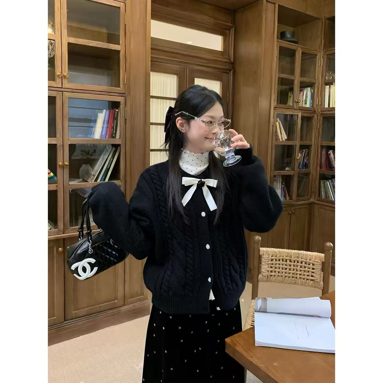 黑色圆领麻花针织开衫外套女冬季新款高级感宽松百搭上衣潮