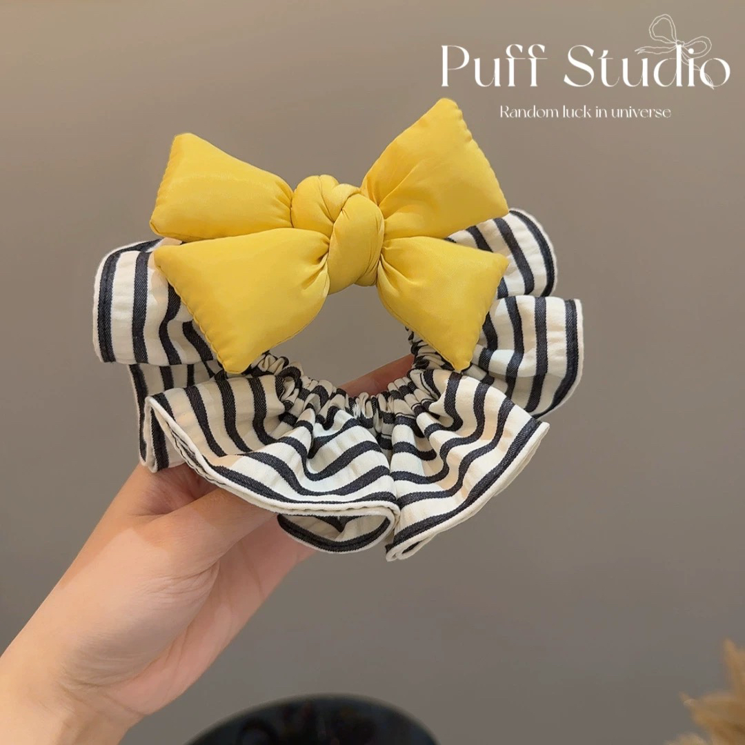 韩国时尚奶黄色蝴蝶结立体充棉大肠圈气质百搭睡眠发圈扎头发发饰