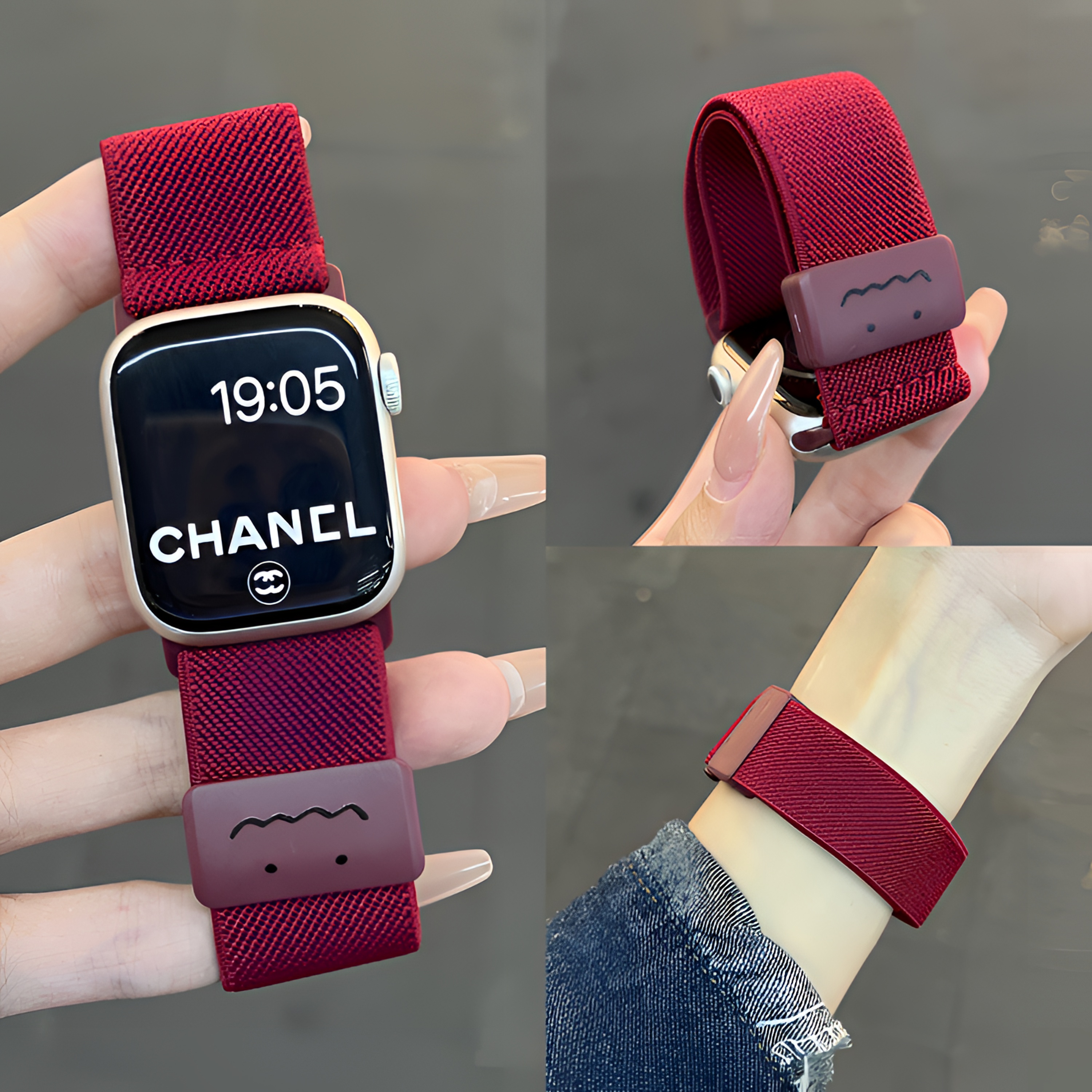 适用苹果手表iwatch10表带新款酒红色可爱涂鸦编织磁吸扣表带s9S8