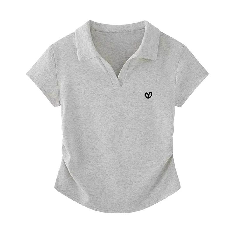 设计感翻领polo衫正肩短袖女上衣夏季辣妹v领修身褶皱灰色t恤短款