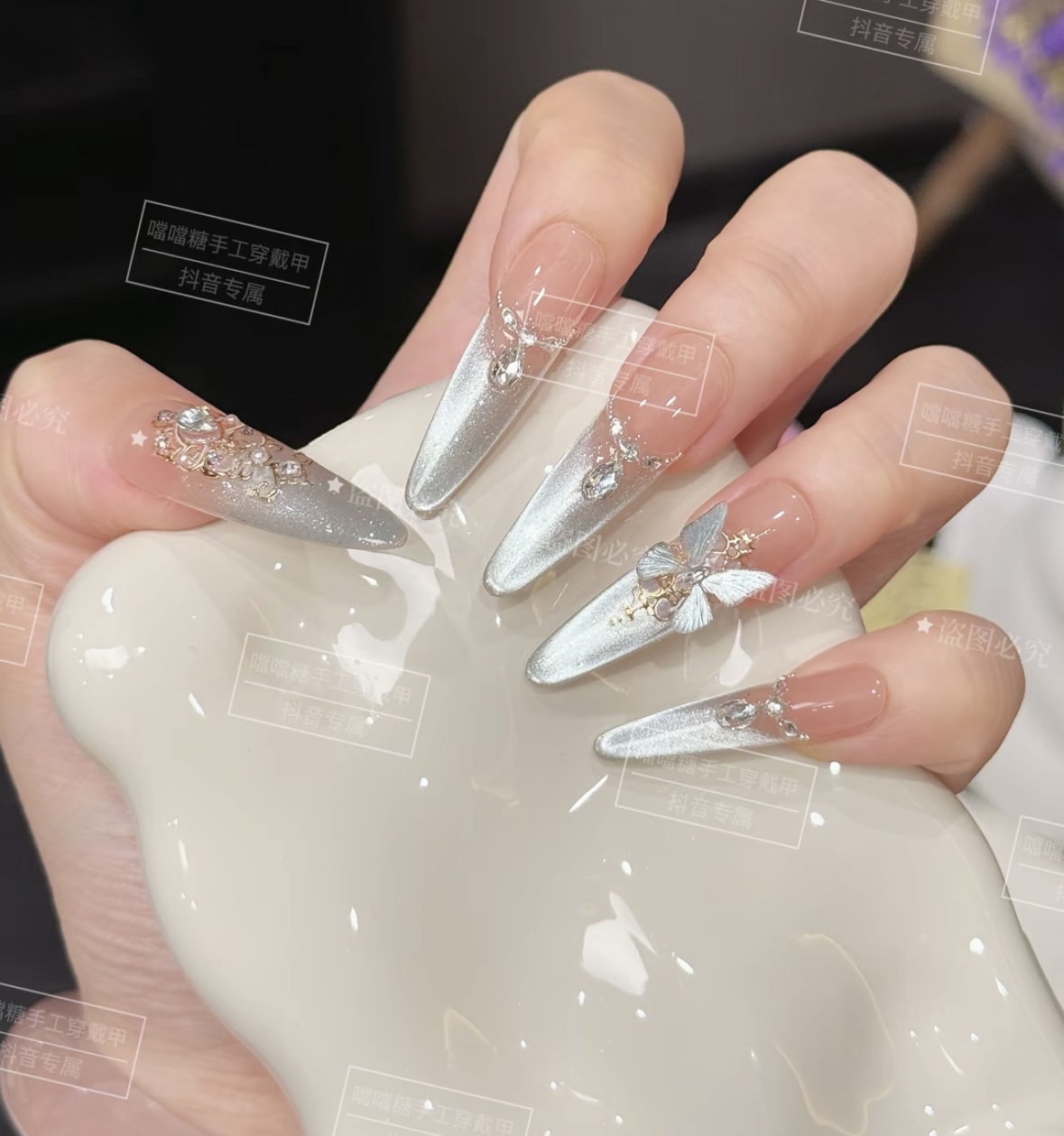 【蝶舞星空】轻奢显白纯手工穿戴甲冰透渐变ins手工美甲10片装