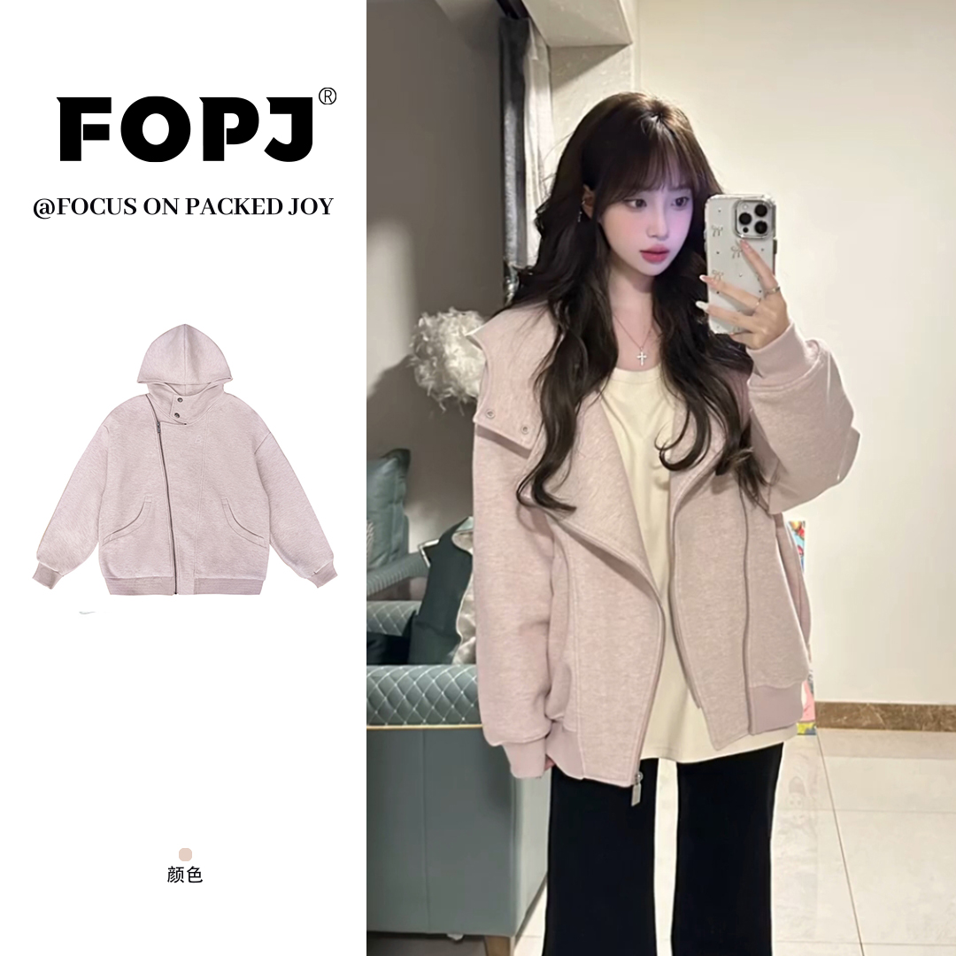 FOPJ刺绣款韩系空气层连帽卫衣女春秋款宽松休闲拉链开衫夹克外套