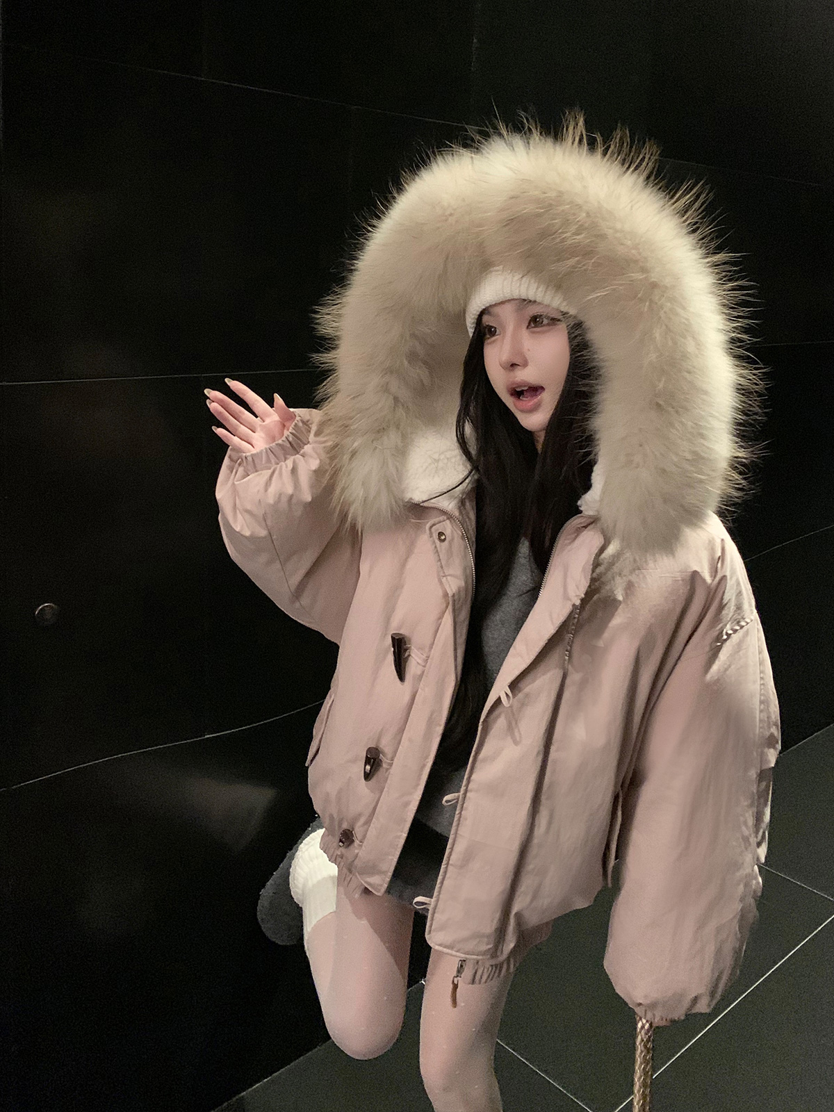 番茄妹妹Tomatosister毛领棉服女冬季加厚保暖牛角扣连帽外套