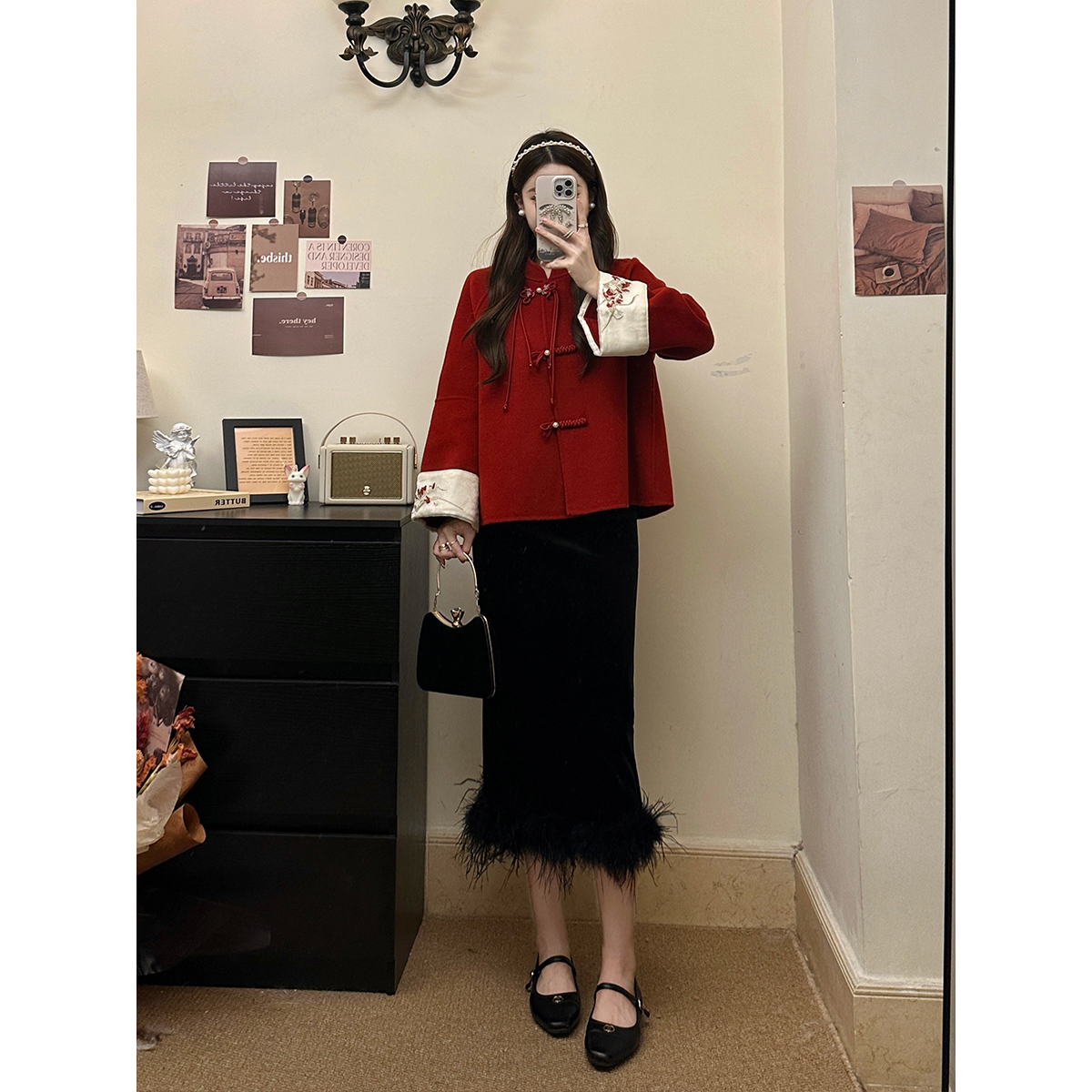 大码胖妹妹新中式红色过年双面呢短款大衣胖MM秋冬毛呢套装