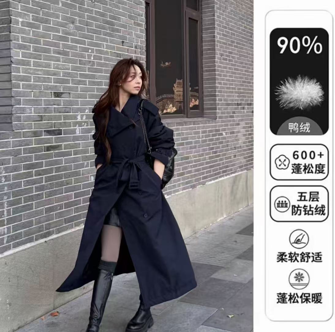 秋冬新款羽绒服垂感宽松立领90白鸭绒风衣大衣外套女