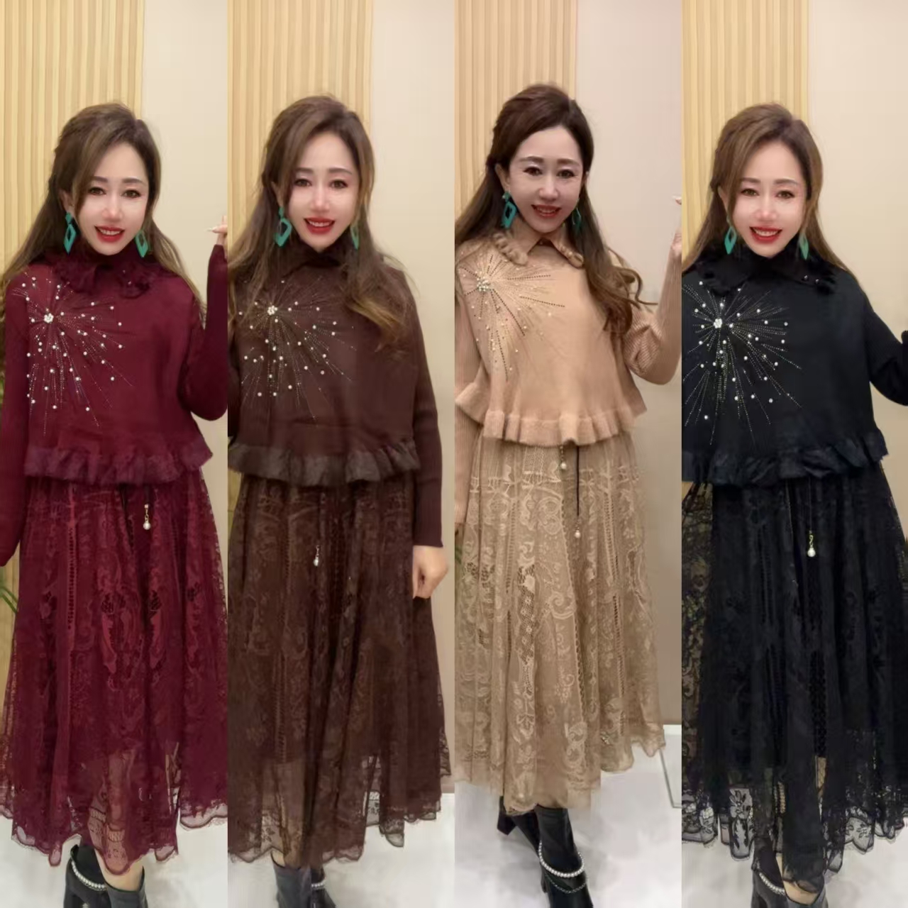 坤231款真两件时尚套头钻斗篷加长裙复古中式气质连衣裙秋冬裙子