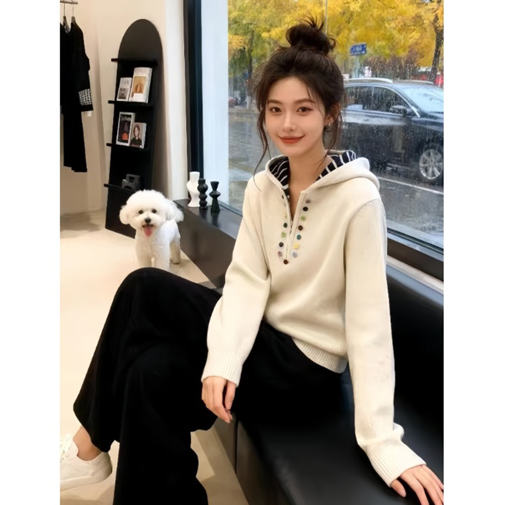 2025新款韩版宽松慵懒风连帽加厚毛衣开衫外套休闲裤两件套套装潮