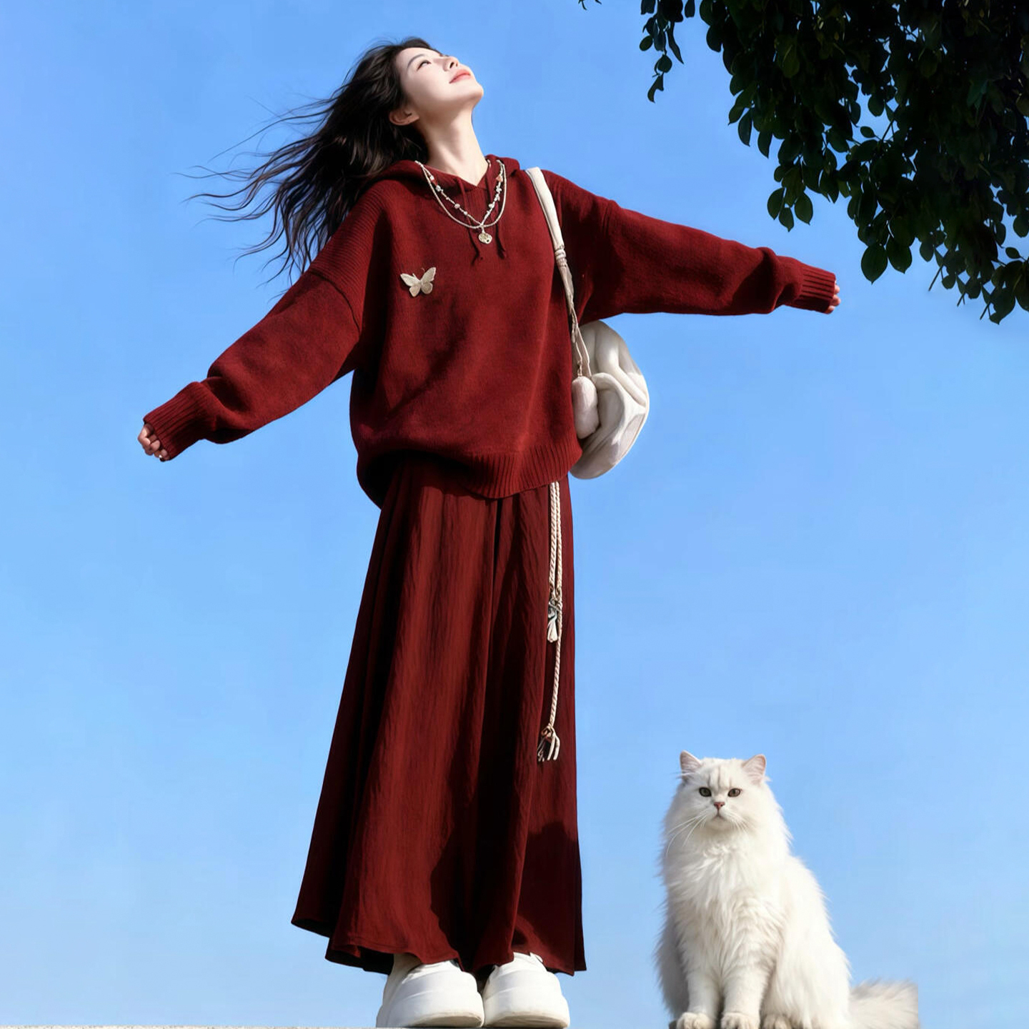 圣诞穿搭红色毛衣连衣裙女秋冬2025新款巨好看穿搭一整套长裙套装