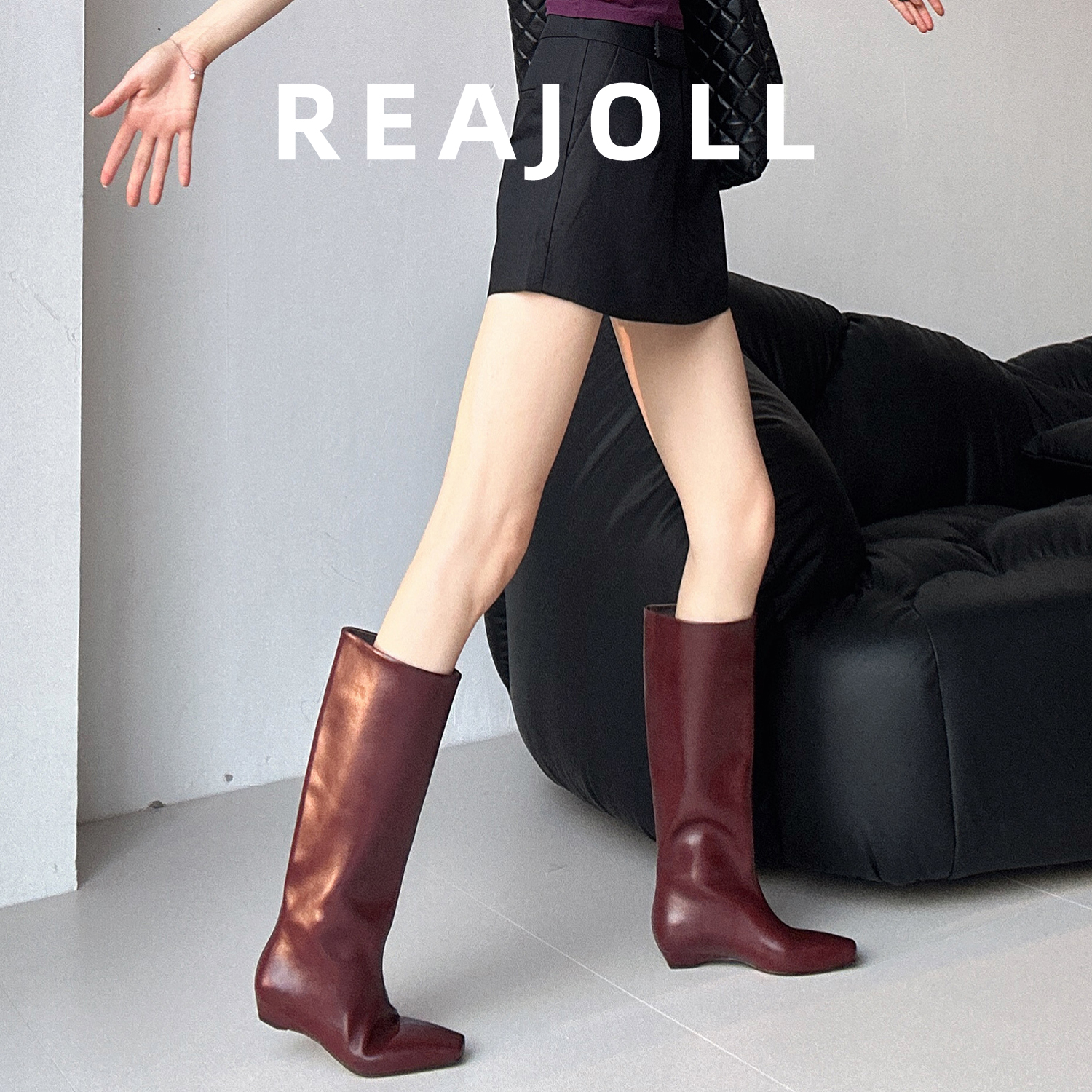 长筒靴子女2025秋冬新款网红法式宽版裤管靴灰色绝美百搭高筒长靴