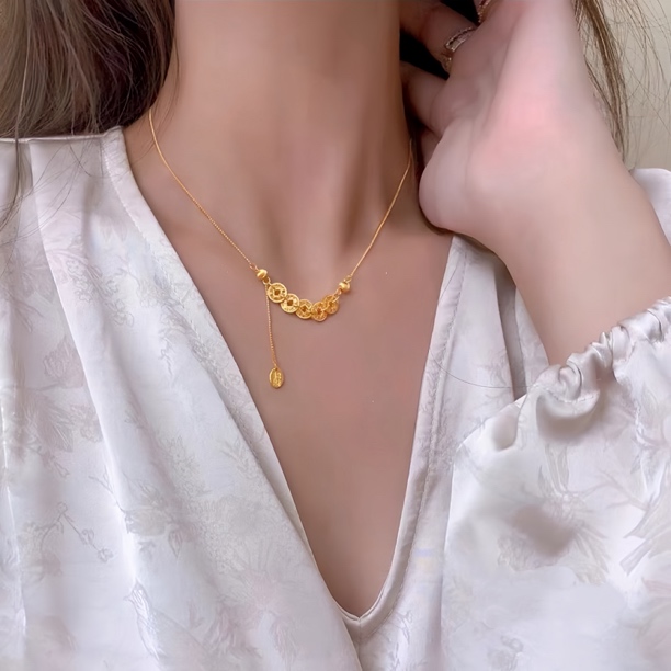 铜合金项链 气质轻奢时尚钱多多五帝钱项链女简约百搭坠链锁骨链
