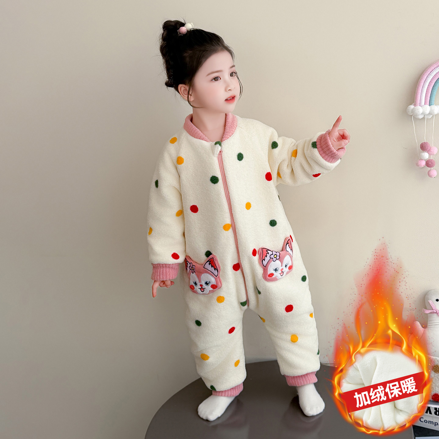 女童连体睡衣冬季三层加绒婴幼儿童防踢被睡袋女宝宝法兰绒家居服