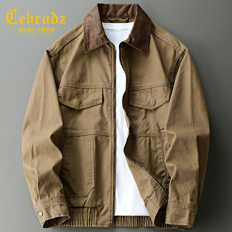 法国Cebrodz复古翻领休闲外套男士秋季新款纯棉工装休闲夹克宽松