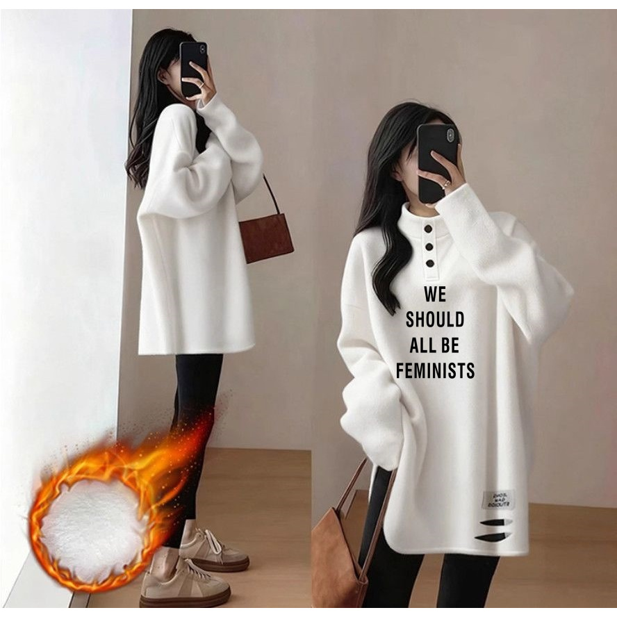 ins秋冬德绒破洞长袖圆领T恤女白色半高领宽松显瘦打底衫大码上衣