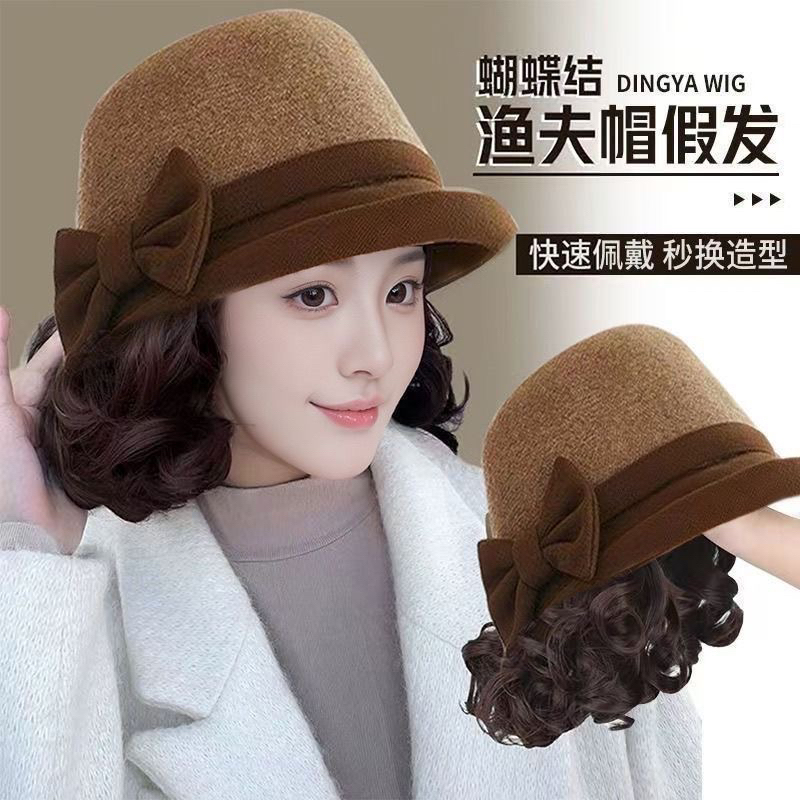 时尚保暖加厚毛呢帽假发一体短卷发头套慵懒洋气减龄假发帽子一体