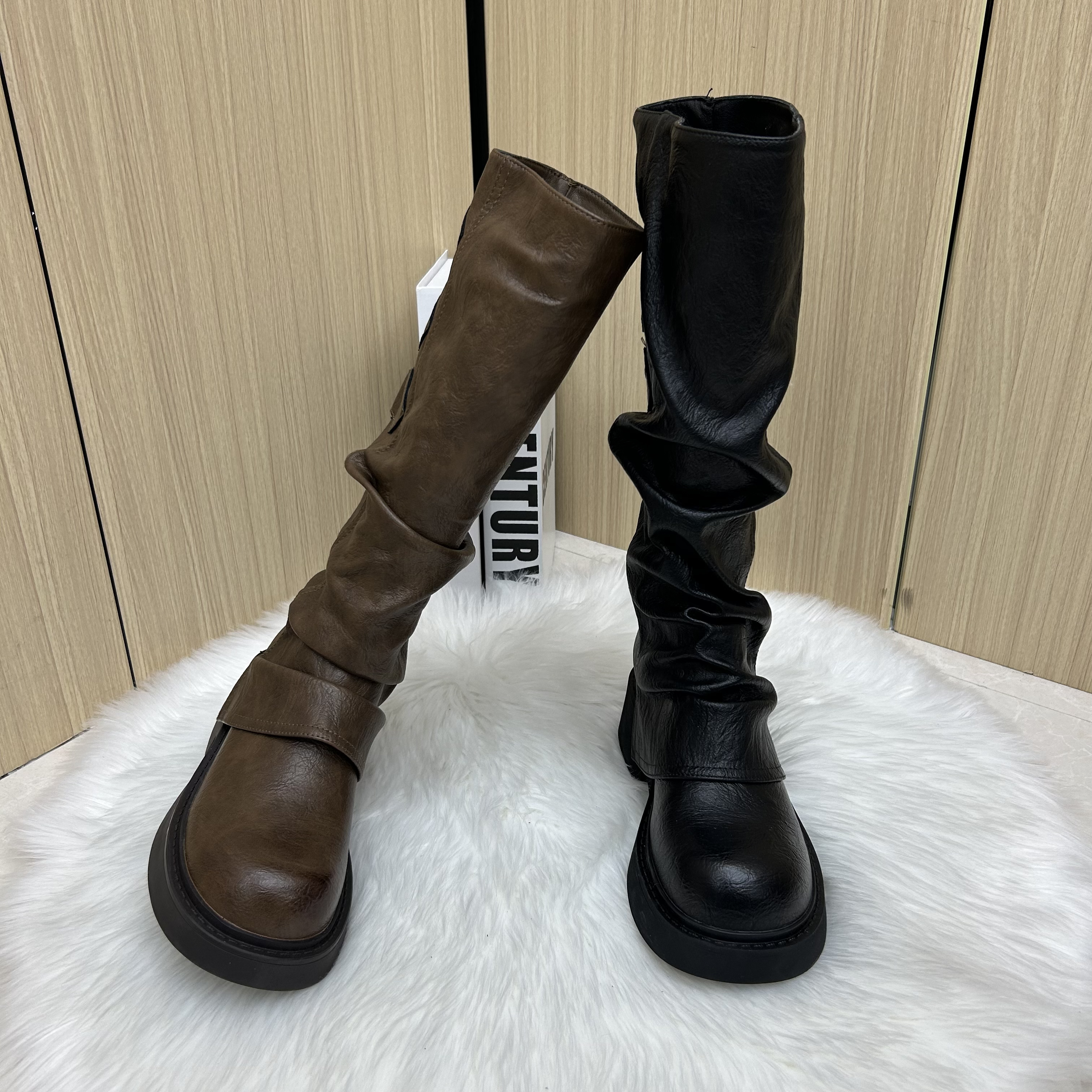 裤管靴厚底复古骑士靴女2025秋冬新款百搭显瘦堆堆不过膝长靴