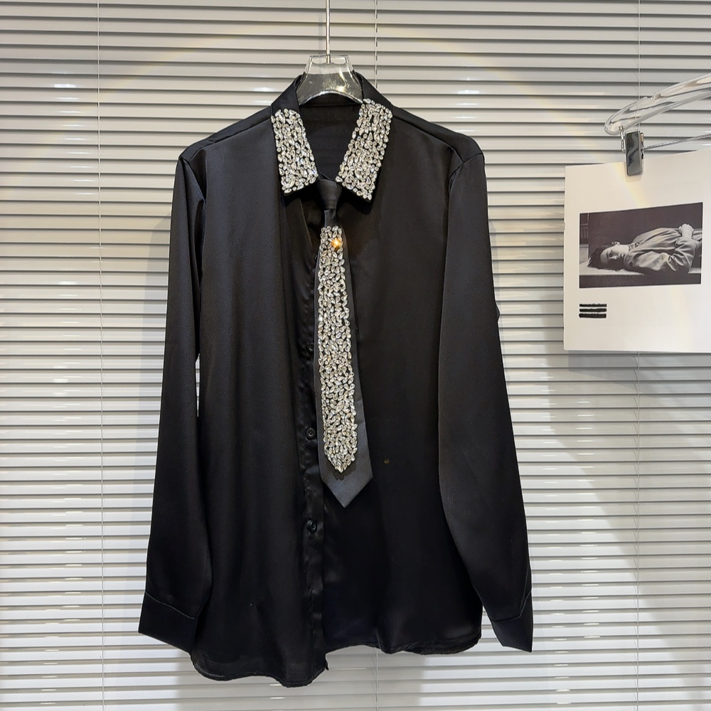 网红同款2025秋季新款暗黑名媛钉珠领带重工醋酸面料长袖衬衫衬衣