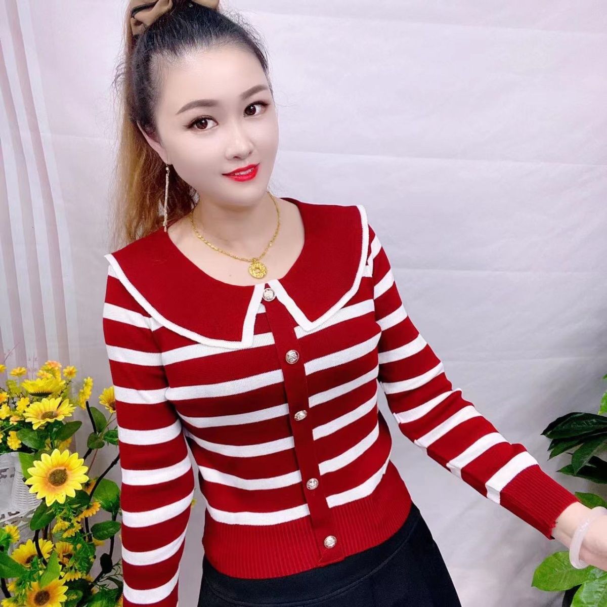 娃娃领条纹针织秋季娃娃针织衫打底衫毛针织衫秋冬