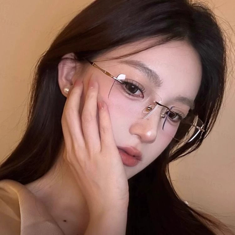 无边框近视眼镜女可配度数镜片防蓝光超轻纯钛合金无框镜架高级感
