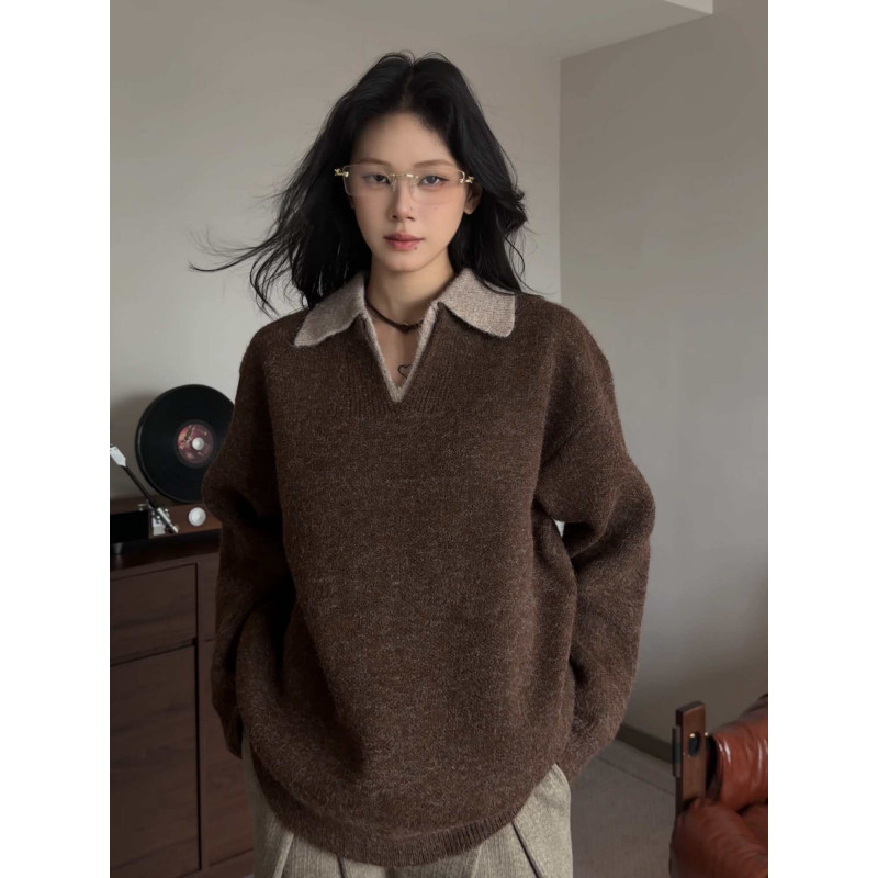 老钱风假两件v领针织衫男款冬季慵懒风高智感穿搭翻领毛衣打底衫