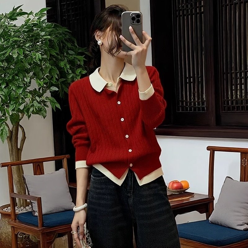 韩系慵懒风假两件polo领针织开衫女秋冬新款小众百搭高级感上衣