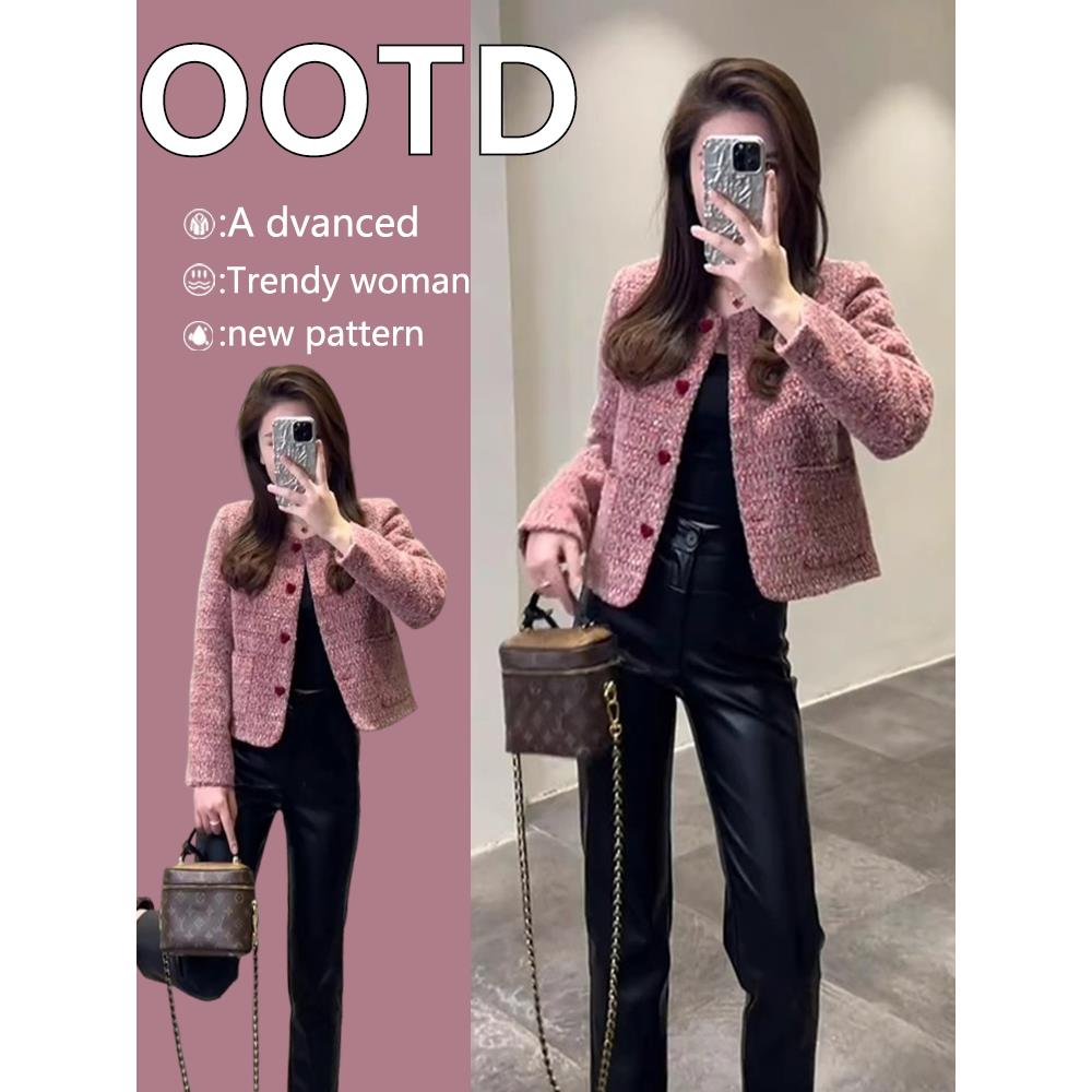 春装女款2025年新款独特超好看开春粉色短款小香风夹克外套女春季