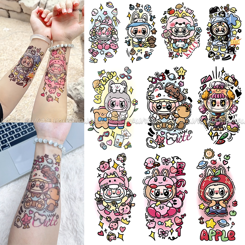 LABUBU卡通花臂彩色纹身贴可爱拉布布装扮手臂贴纸逼真防水持久