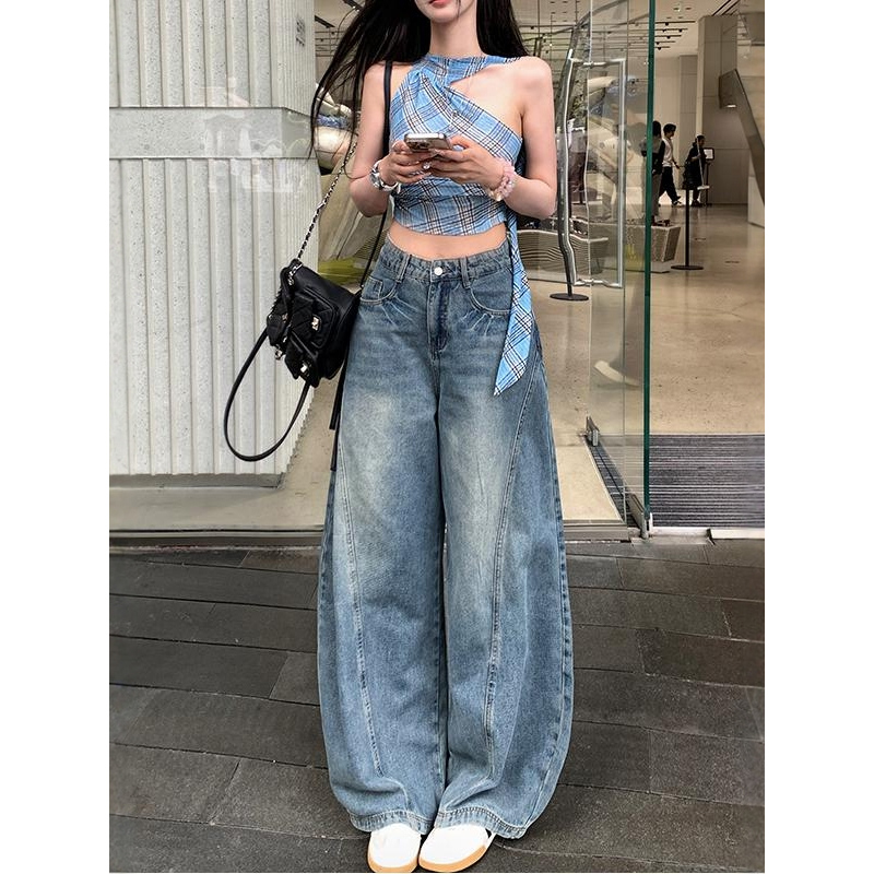 美式高街水洗蓝色弯刀牛仔裤女夏季新款高腰宽松显瘦痞帅阔腿裤子