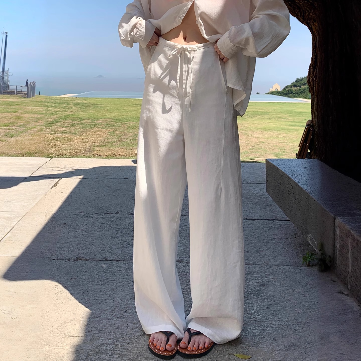 番茄妹妹Tomatosister 白色亚麻窄版阔腿裤高腰宽松透气拖地长裤