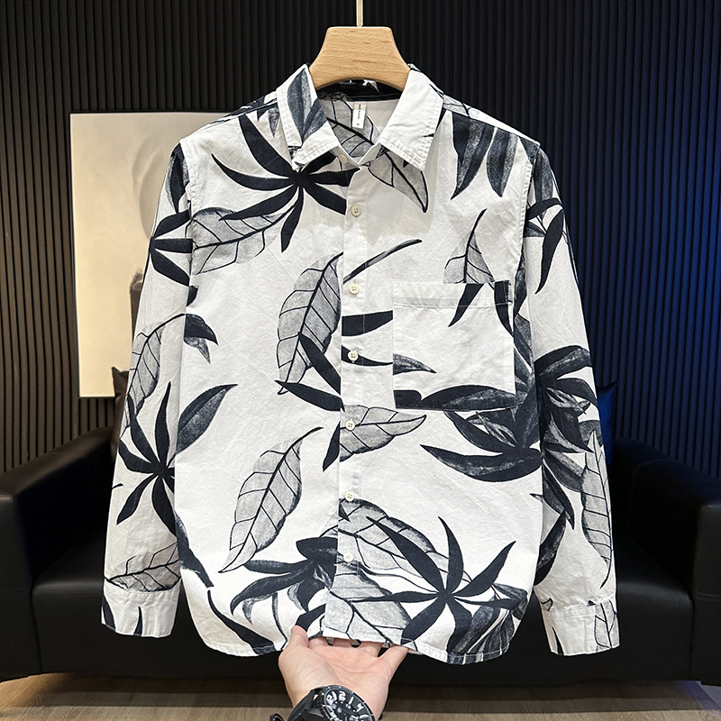 春秋季复古潮流印花长袖衬衫男宽松休闲帅气纯棉翻领男装衬衣外套