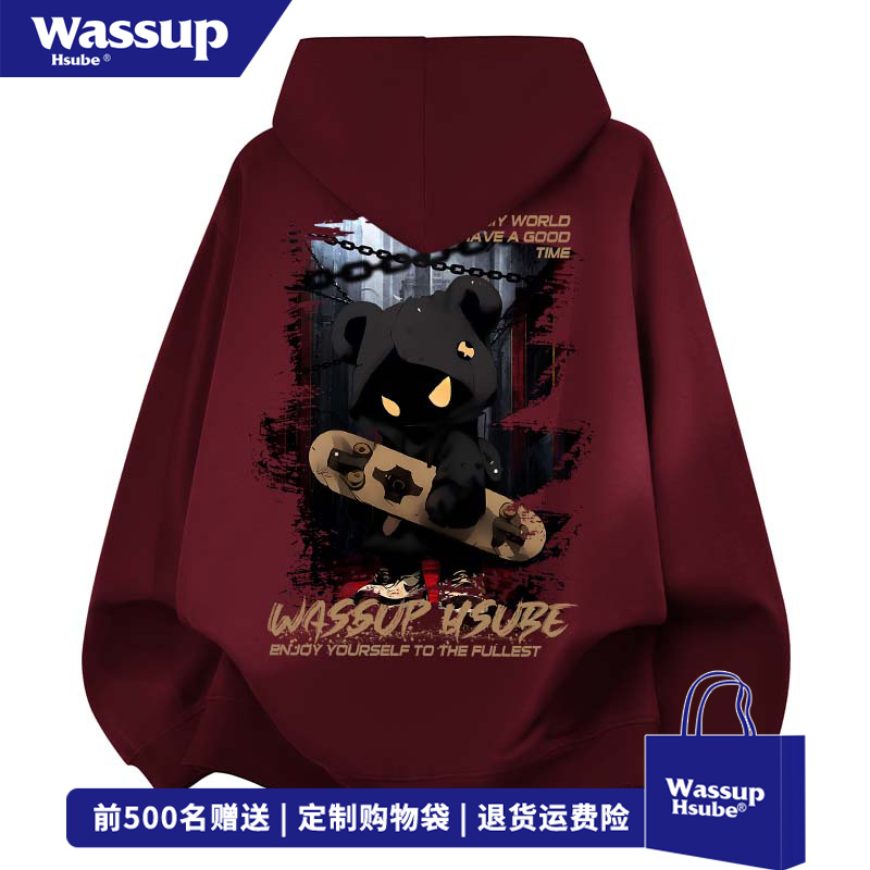 WASSUP HSUBE嘻哈风潮酷小熊印花开衫卫衣男秋冬季时尚连帽卫衣女