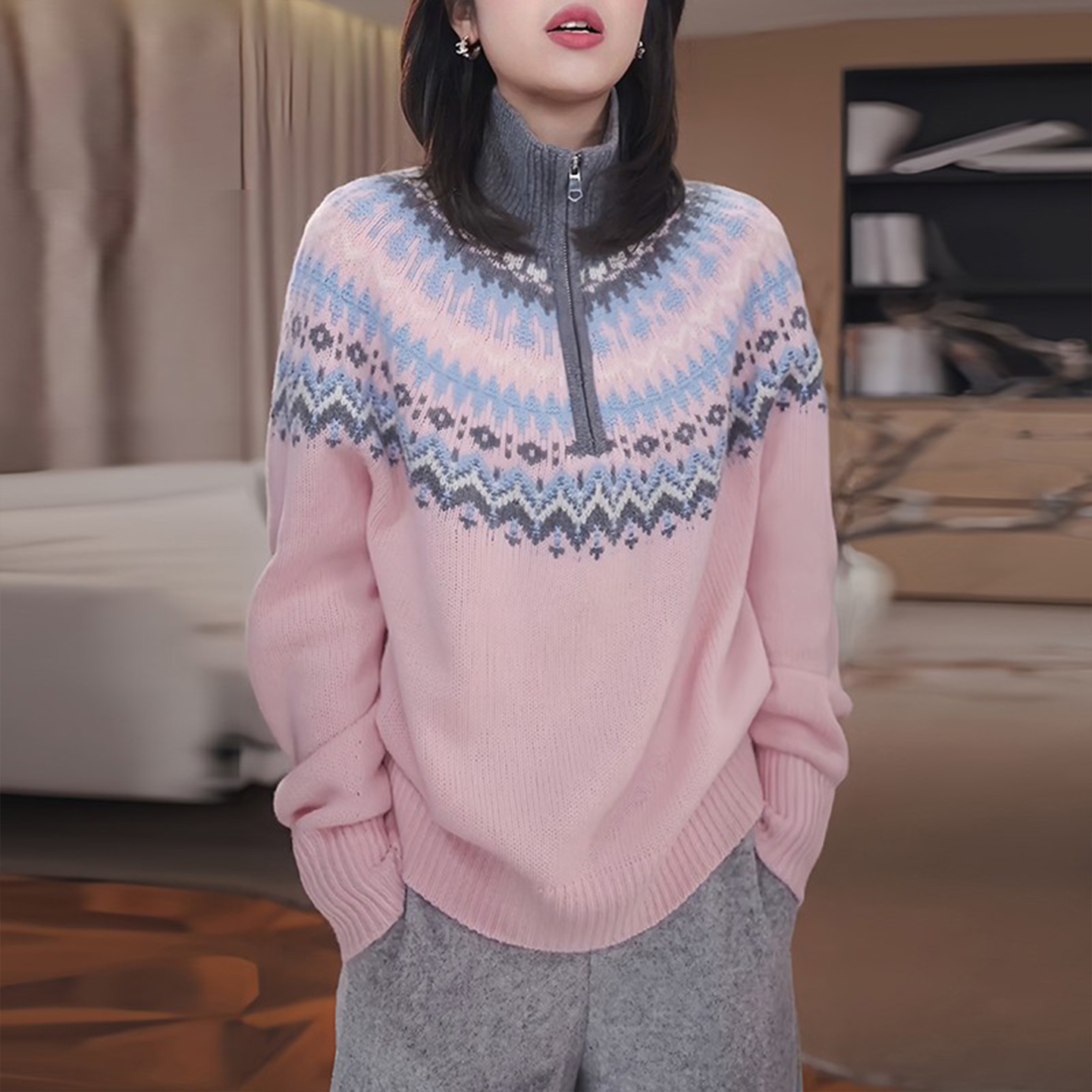 费尔岛半高领针织衫女秋冬新款宽松慵懒内搭打底拉链软糯毛衣上衣