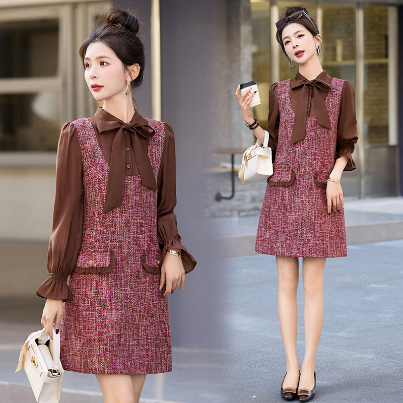 小香风连衣裙女2024早春季新款气质独特超好看减龄拼接假两件裙子