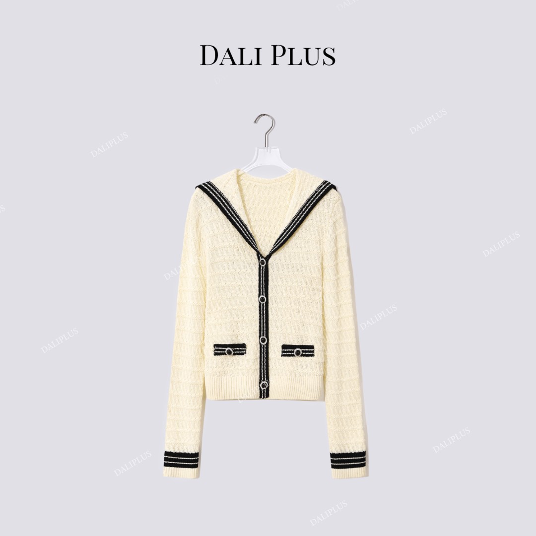 DALI PLUS"黄色海军领针织"撞色开衫针织毛衣-D5BL1144