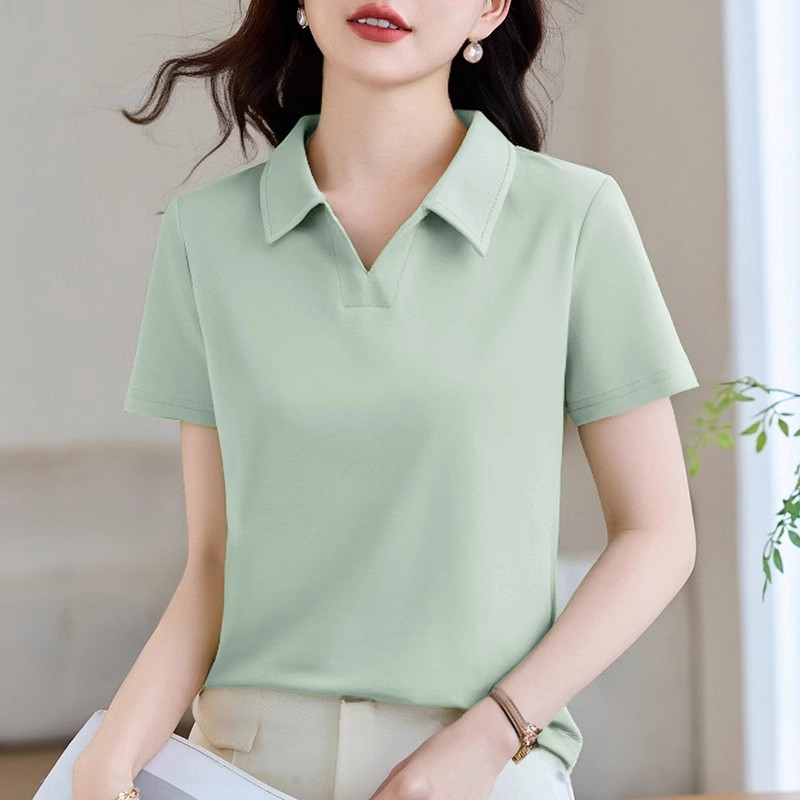 【精梳棉洋气百搭短袖】2025夏季新款女装遮肉显瘦精致妈妈翻领上衣