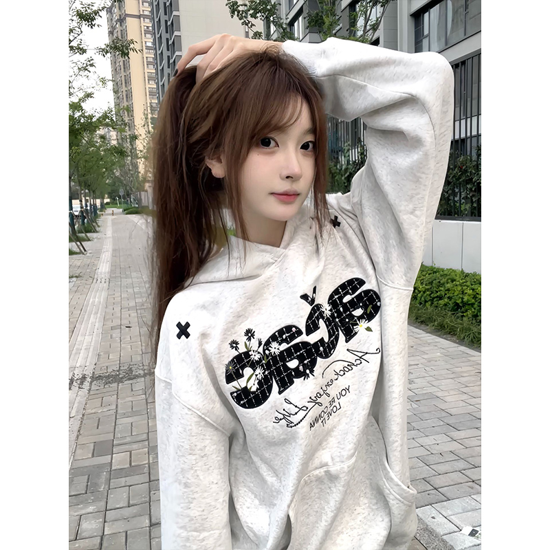 美式潮牌连帽卫衣女款秋冬季重工贴布刺绣情侣长袖宽松上衣#WY130